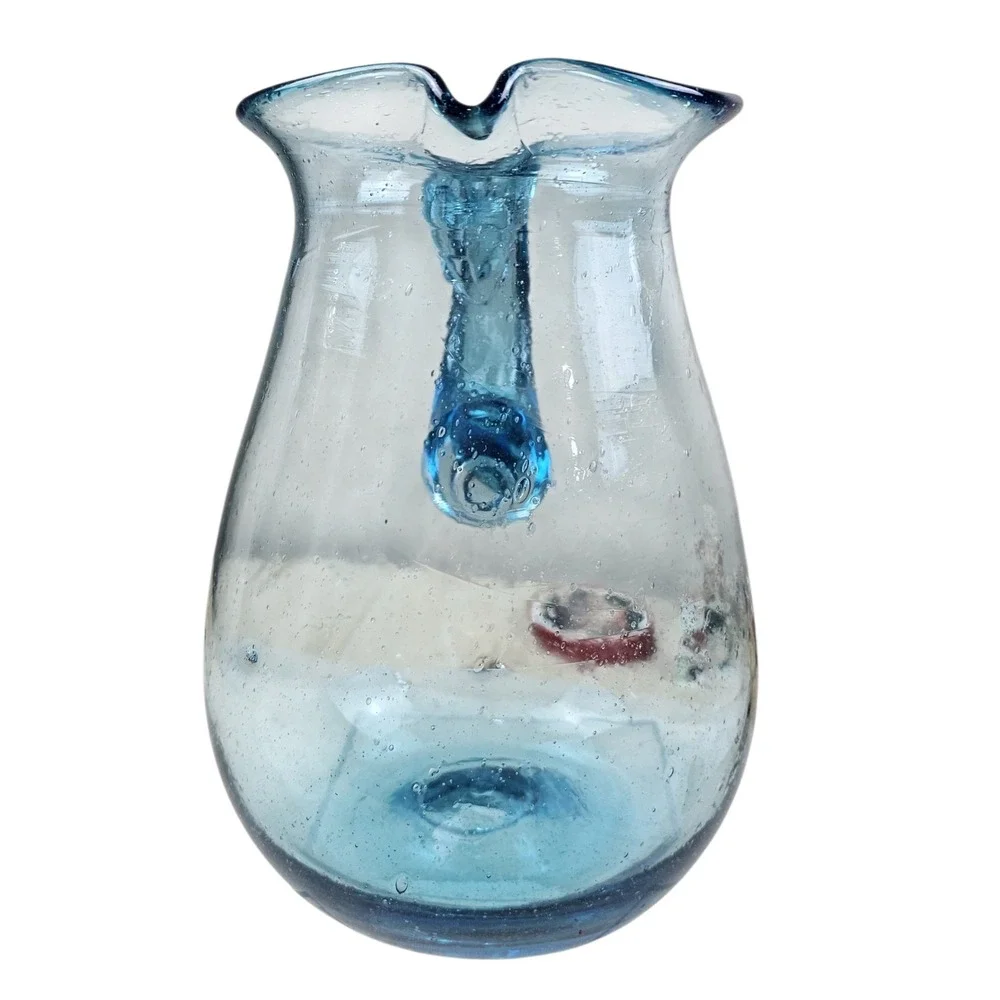 Handblown Seeded Blue Bubble Glass Pitcher Applied Handle Pinchd Spout Art Glass